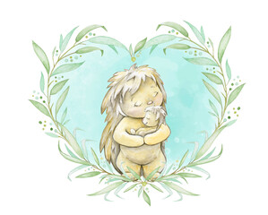 Cute hedgehog mom, holding a sleeping baby. Watercolor , frame made of plants, on isolated background.
