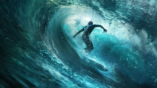 
a skilled surfer who was rolled by a powerful wave. seamless looping time-lapse virtual 4K video Animation Background.