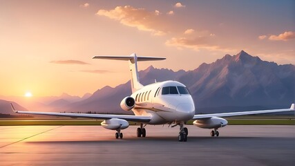 A private business plane is parked at the airport at the foot of the mountains in the rays of a summer sunset.