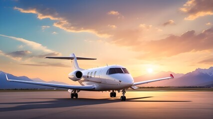 A private business plane is parked at the airport at the foot of the mountains in the rays of a summer sunset.