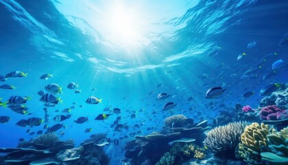 Fototapeta premium Groups of giant Tuna fish in the underwater, coral reef, amazing underwater life, various fish and exotic coral reefs, ocean wild creatures background