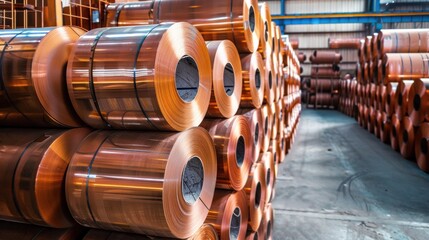 Rolls of copper pipe are placed in a storage yard in the factory.