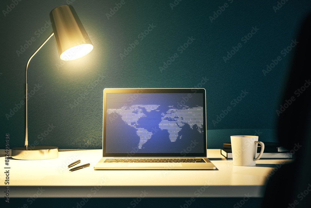 Aufkleber abstract graphic world map on modern laptop screen, connection and communication concept. 3d renderi