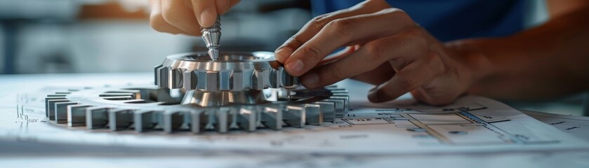 Engineer s hand meticulously adjusting a complex gear system design with a precision tool, wide shot showing layers of engineering blueprints