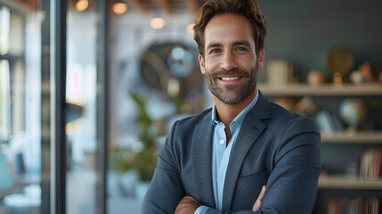 Obraz premium Smiling confident young businessman looks at the camera