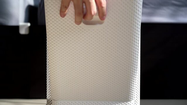 open air purifier filter cover for check dirty dust with people hand thumbs up to new clean and change replace for protect PM 2.5 and virus bacteria covid-19 with allergy in bedroom at home