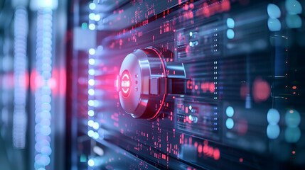 futuristic digital security safe with glowing holographic code symbols, set against an abstract background of binary numbers and data streams 