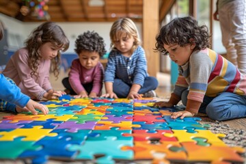 A group of diverse young children concentrate on assembling a large, colorful floor puzzle, engaging in a fun and educational group activity.