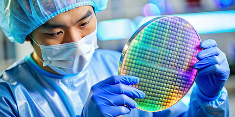 asian male technician in sterile coverall holds wafer that reflects many different colors with gloves and check it at semiconductor manufacturing plant
