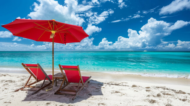 Two red beach chairs and an umbrella on the beach on sunny day. Vacation and tourism concept.
