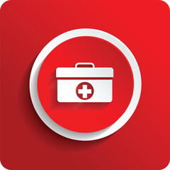 First aid kit on red background. Medical box with cross icon. EPS Vector.