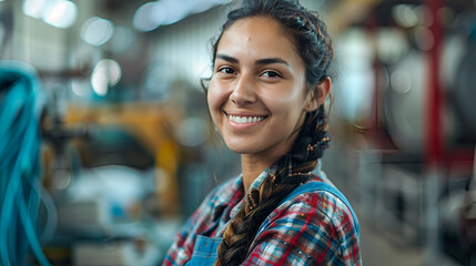 Obraz premium A happy Hispanic woman working in a workplace poses with her back to the camera