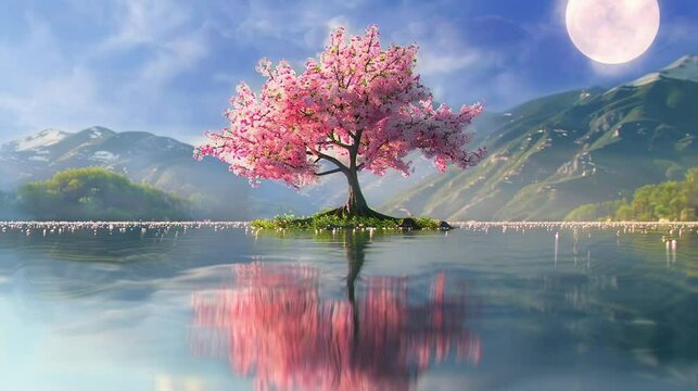 the beauty of the cherry blossoms that grow between the lake and the mountains. seamless looping time-lapse virtual 4K video Animation Background.