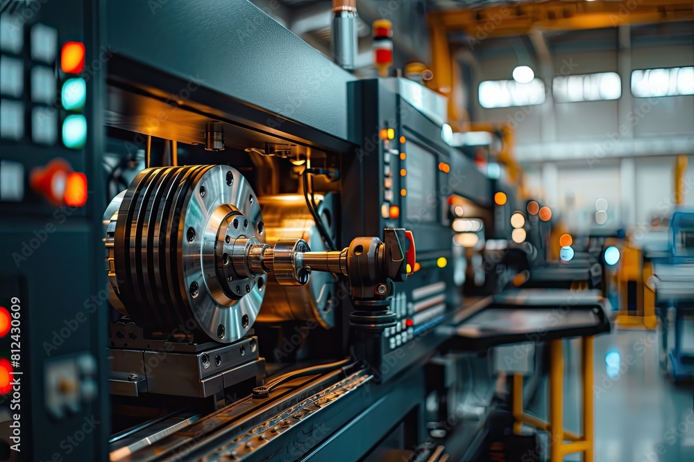 Poster a machine is in a factory with a lot of buttons and lights. the machine is making a part