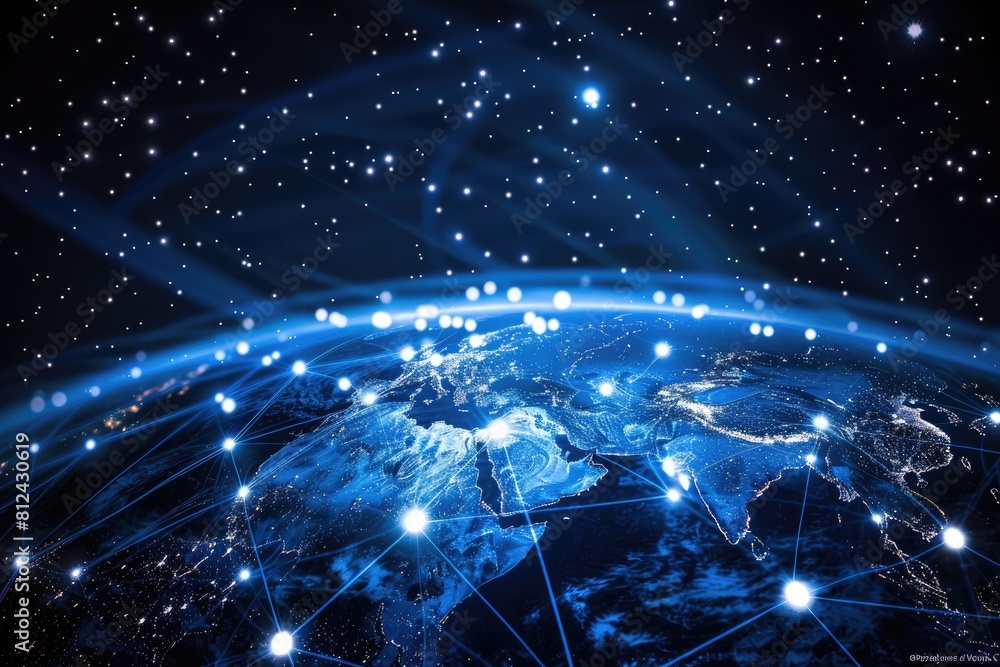 Poster a blue and white image of the earth with a network of lines connecting it. concept of a global netwo