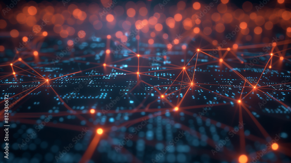 Poster abstract digital network background with glowing connections and nodes in orange and blue colors. bi