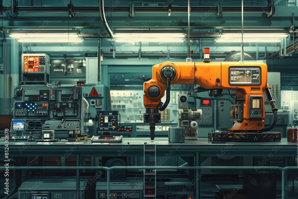 Poster A robot is sitting on a table in a factory. The robot is orange and has a screen on its side. The factory is filled with many machines and computers. Scene is industrial and futuristic
