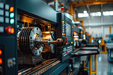 A machine is in a factory with a lot of buttons and lights. The machine is making a part