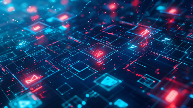 Abstract digital background with glowing blue and red elements, circles representing data connections on the network of computer chips in a high-tech style