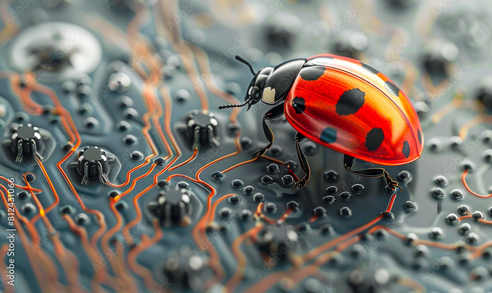 Poster ladybug on electronic circuit: a striking representation of debugging and troubleshooting in technol