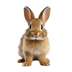 A cute brown bunny is sitting on a white background. The bunny has its ears perked up and is looking at the camera.