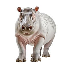 A large, white hippopotamus stands on a grassy plain. The hippopotamus is looking at the camera with a curious expression.