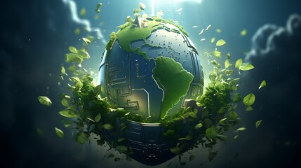 A digital painting of Earth surrounded by a shield of environmental policies for Earth Day.