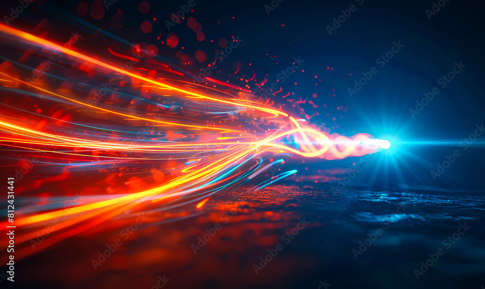 Poster dynamic abstract light arrows in motion: intertwined red and blue rays pointing forward over dark oc