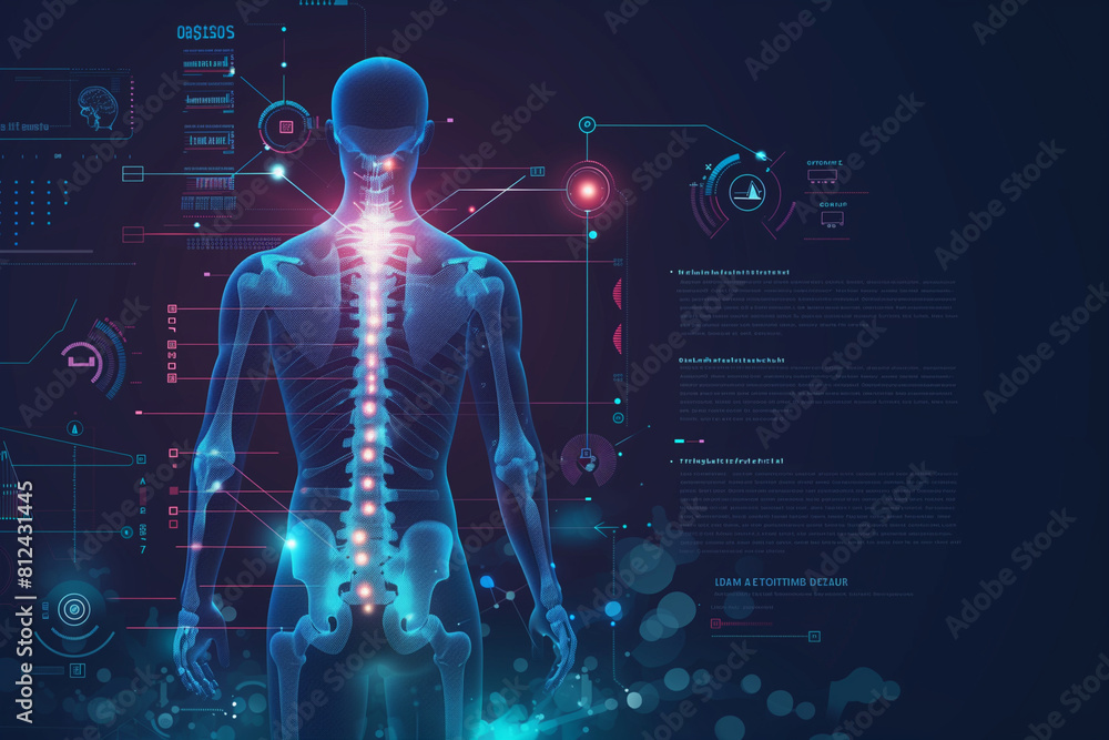 Poster a computer screen displays a skeleton with a spine and a back. the spine is shown in different color