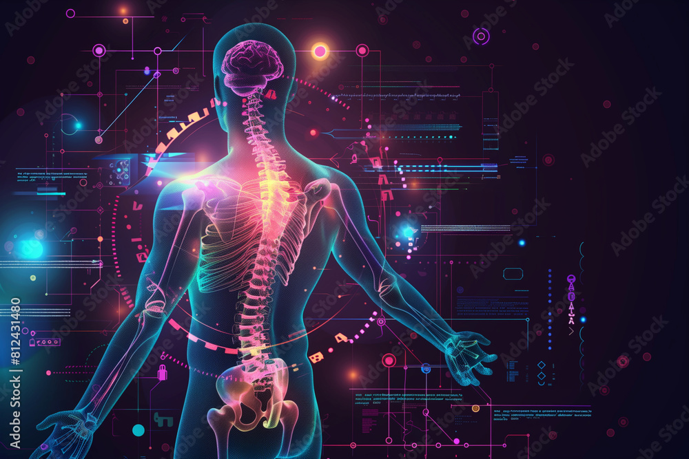 Poster a computer screen displays a skeleton with a spine and a back. the spine is shown in different color
