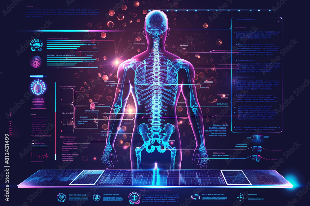Poster a computer screen displays a skeleton with a spine and a back. the spine is shown in different color