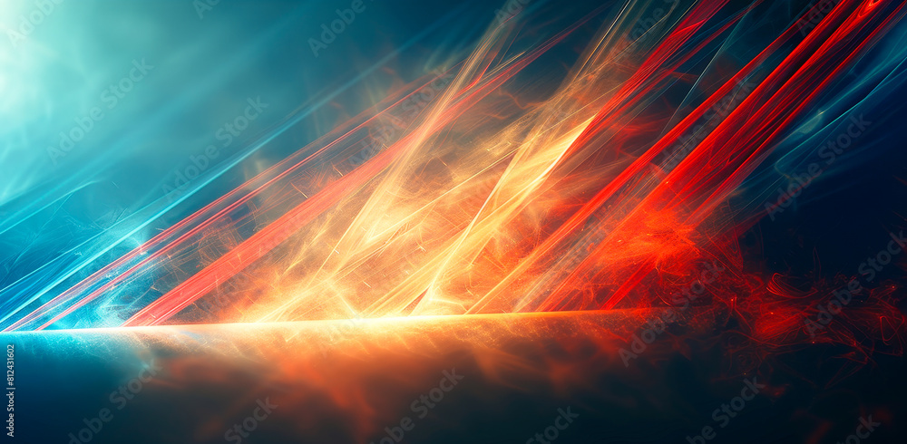 Poster vibrant abstract light rays in blue and red intertwining to form a dynamic arrow directional concept