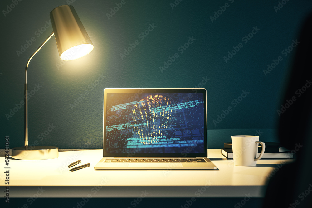 Aufkleber creative code skull sketch on modern laptop monitor, theft of personal data and malware concept. 3d 