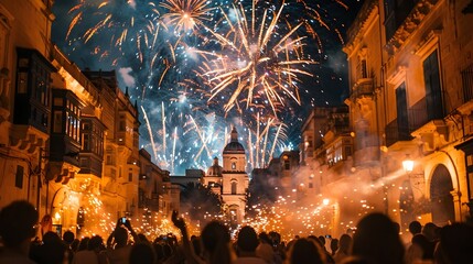 Vibrant Maltese Festa with Fireworks and Cultural Procession in Historic Village