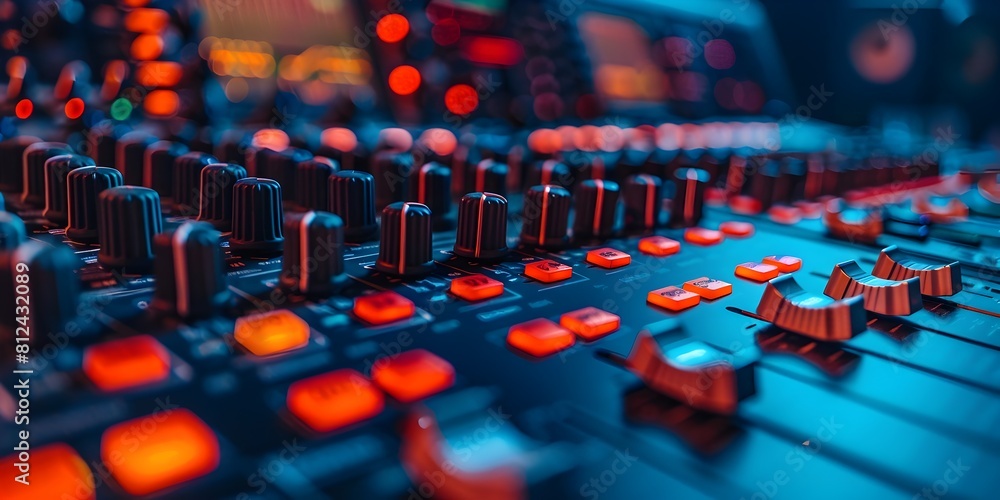 Poster music production console with colorful lighting and controls