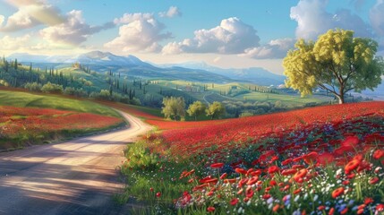 andscaped road where carefully selected flowers enhance the beauty of the surrounding scenery, creating a visual masterpiece