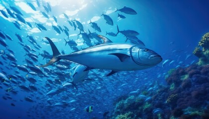 Groups of giant Tuna fish in the underwater, coral reef, amazing underwater life, various fish and exotic coral reefs, ocean wild creatures background