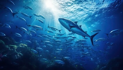 Fototapeta premium Groups of giant Tuna fish in the underwater, coral reef, amazing underwater life, various fish and exotic coral reefs, ocean wild creatures background