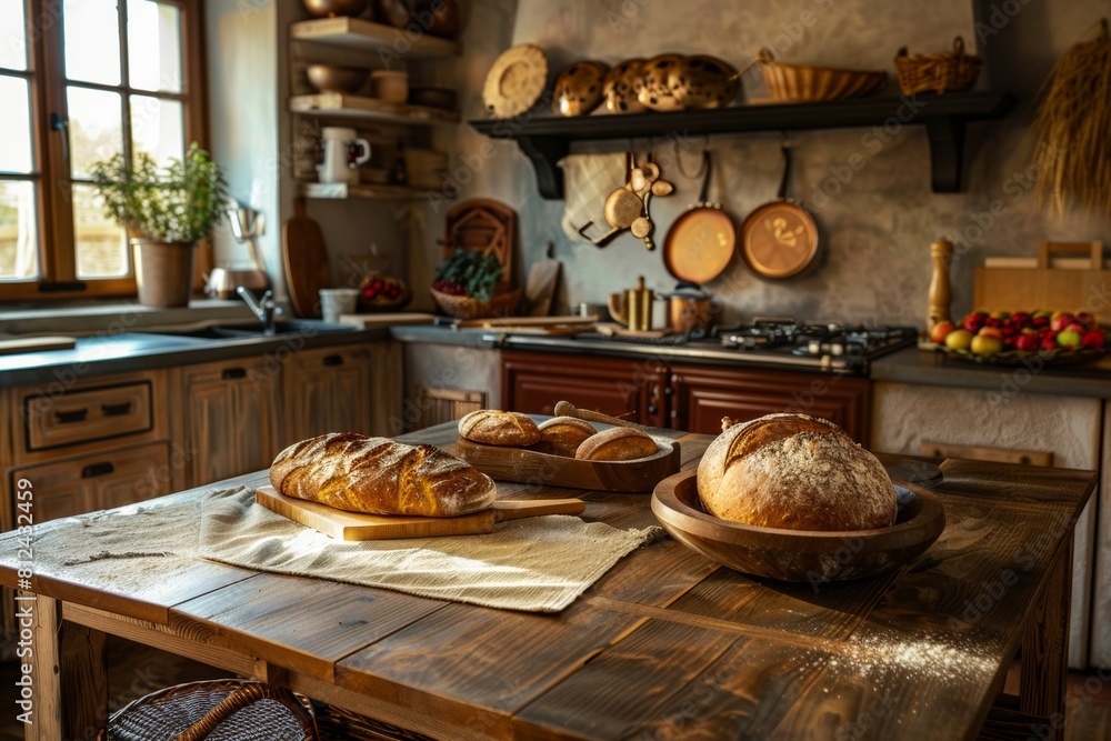 Poster A cozy kitchen setting with various types of bread displayed on a charming wooden table. Generative AI