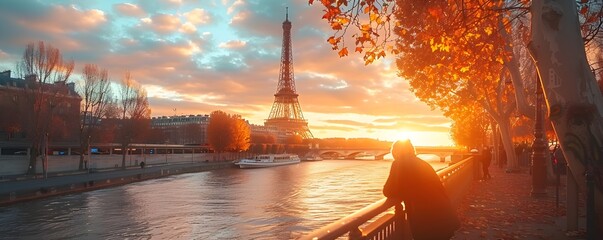 Stunning Sunset View of the Eiffel Tower over the Seine River in Paris France