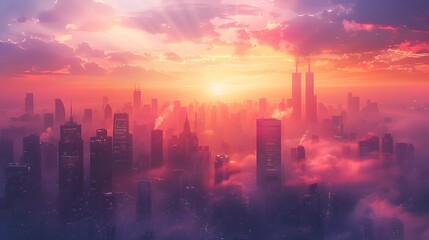 Radiant Cityscape Silhouetted Against Glowing Sunrise Sky