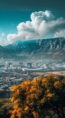 Obraz premium Expansive Cityscape with Majestic Mountain Backdrop in Autumn