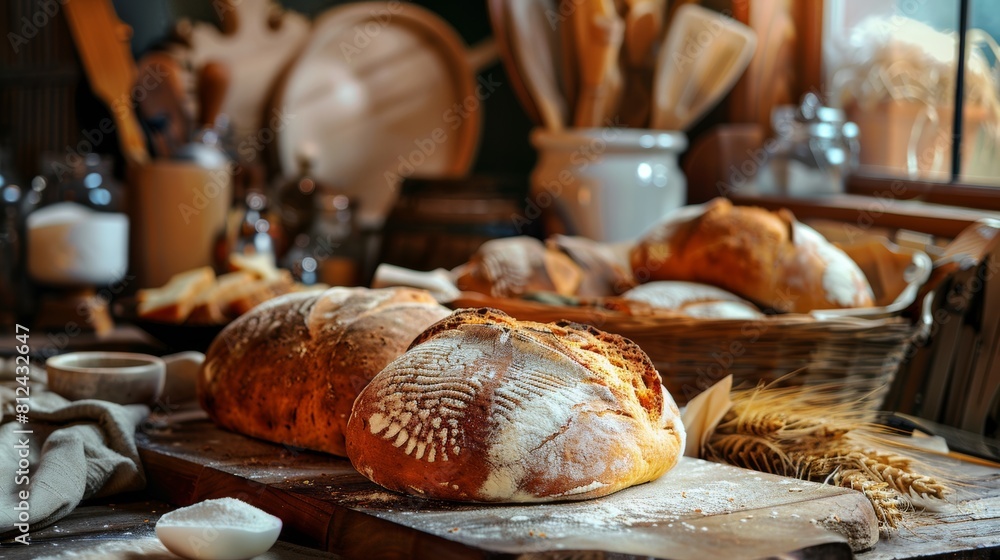 Poster a basket filled with freshly baked bread sits on a table bathed in sunlight next to a window, castin