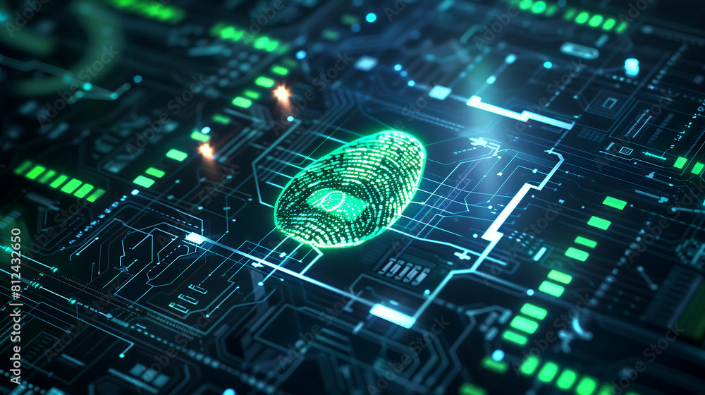 Poster close-up of a green circuit board with an illuminated fingerprint, symbolizing biometric, cyber secu