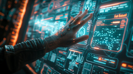  hand touches the screen of an AI interface with futuristic holographic data and graphs on it, surrounded by digital displays showing various technological