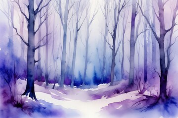 Obraz premium Watercolor painting of foggy winter forest in blue and grey colors. Abstract misty forest illustration for Christmas cards, prints, posters, banners, backgrounds