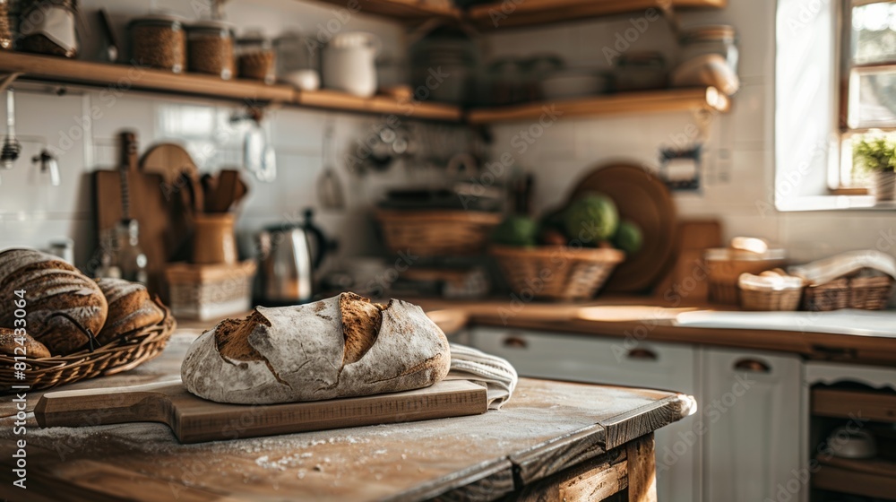 Poster a cozy kitchen filled with an abundance of freshly baked bread varieties displayed on the counter. g