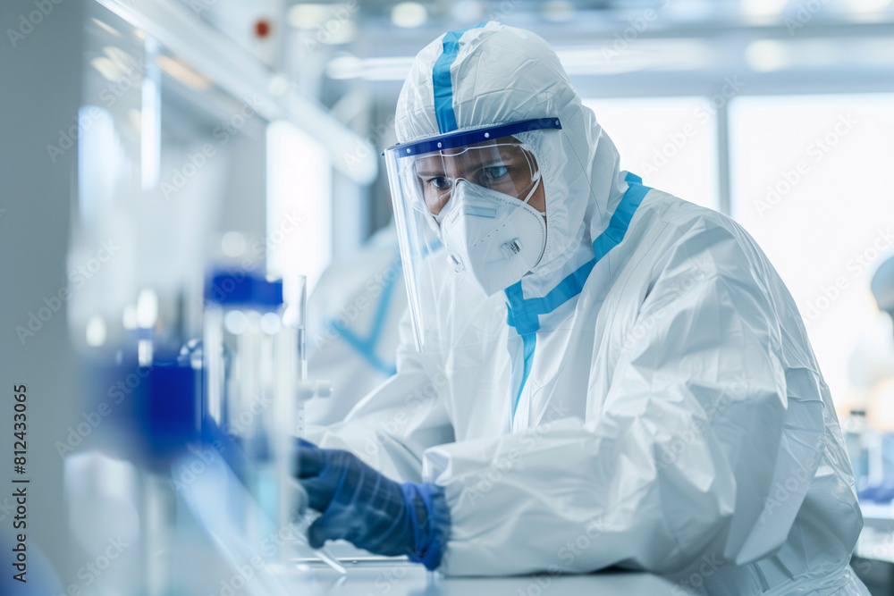 Poster a scientist in a white lab coat is wearing a mask and gloves while working with a bottle. concept of