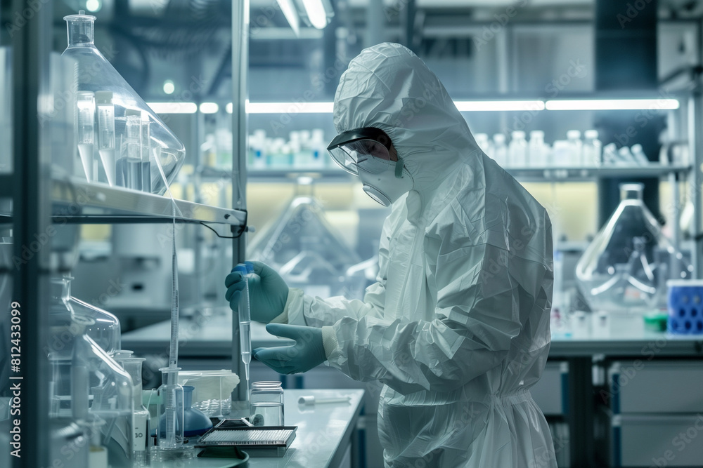 Poster a scientist in a white lab coat is wearing a mask and gloves while working with a bottle. concept of