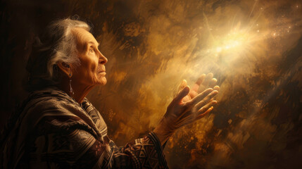 An elderly woman prays with outstretched hands, receiving a gift from heaven. The hands of the gray-haired woman are illuminated by golden light. Religion concept.